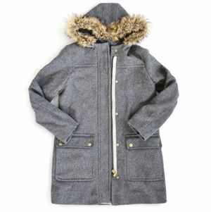 J.Crew Parka Jacket Women's Gray Wool Blend Faux Fur Trim Hooded Full Zip sz 4